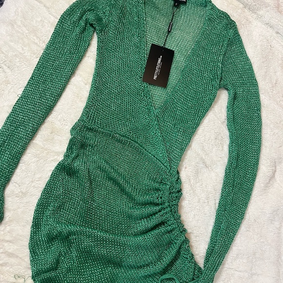 Green Metallic Knitted Wrap Front Dress - Picture 7 of 7